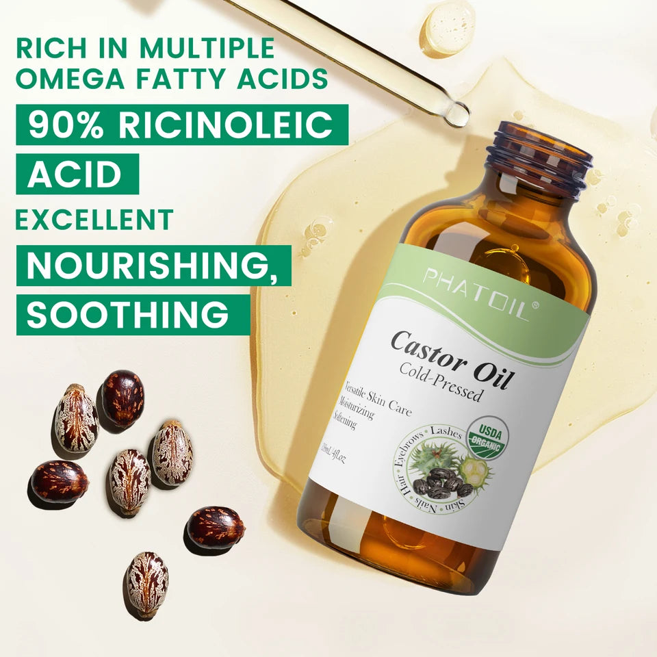 PHATOIL 118ml Organic Castor Oil – Pure,Cold-Pressed, for Hair & Eyelash Growth,Skin Care Nourishing Massage Oil