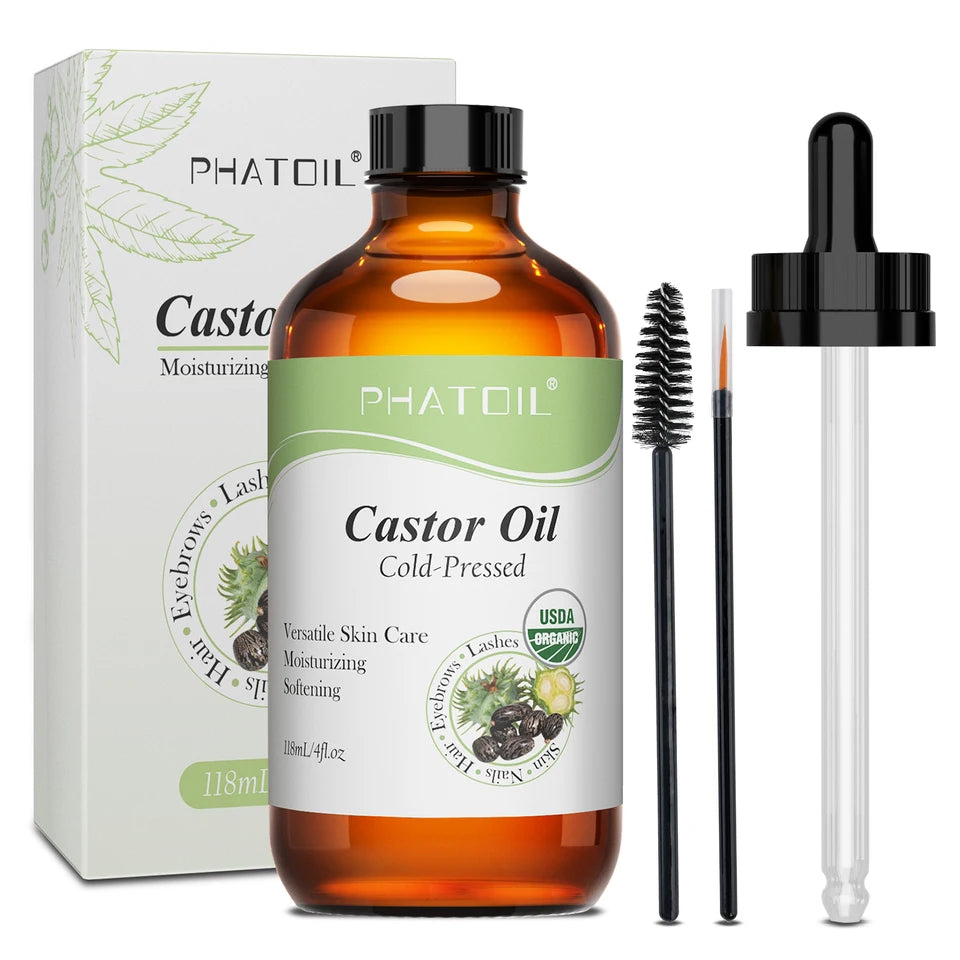 PHATOIL 118ml Organic Castor Oil – Pure,Cold-Pressed, for Hair & Eyelash Growth,Skin Care Nourishing Massage Oil