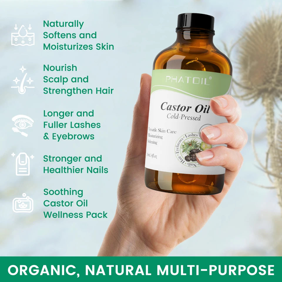 PHATOIL 118ml Organic Castor Oil – Pure,Cold-Pressed, for Hair & Eyelash Growth,Skin Care Nourishing Massage Oil