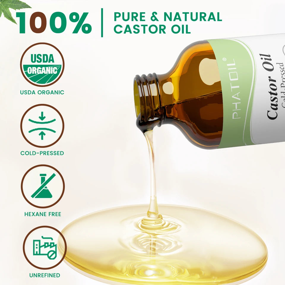 PHATOIL 118ml Organic Castor Oil – Pure,Cold-Pressed, for Hair & Eyelash Growth,Skin Care Nourishing Massage Oil